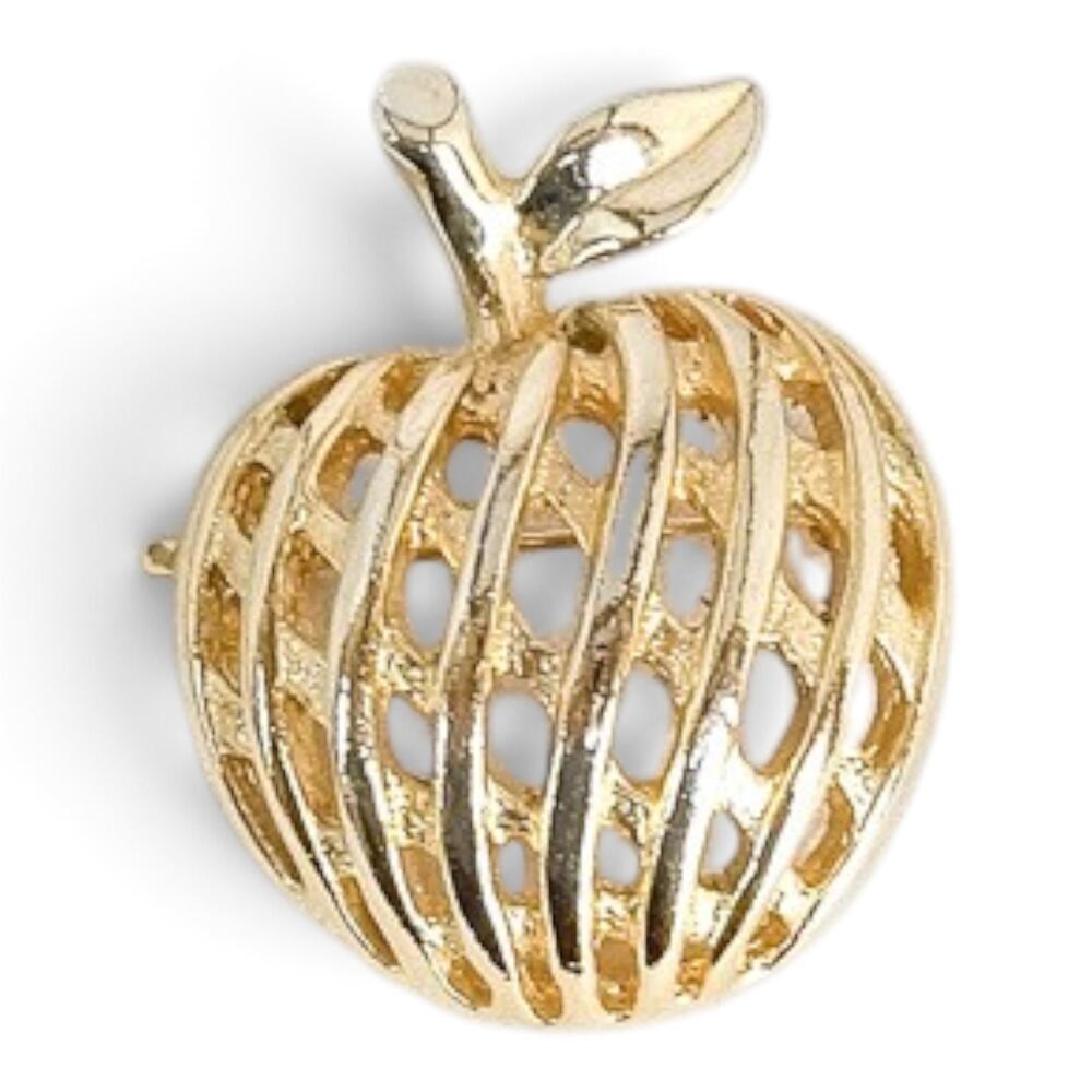 Vintage Gold Tone Apple Brooch Openwork Design Leaf Stem Pin 1" Diameter